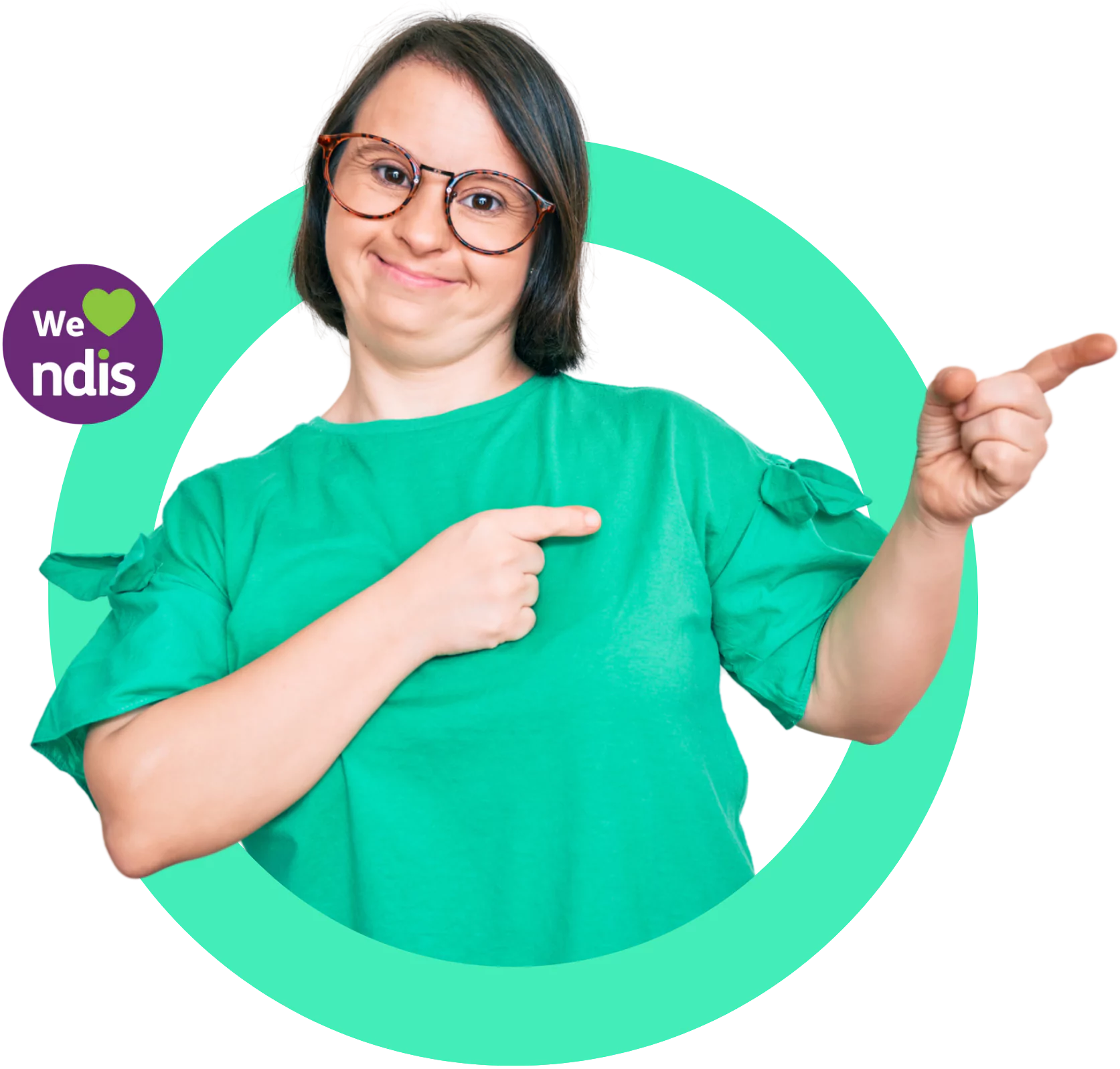 Disabled woman with down syndrome smiling and pointing to her left